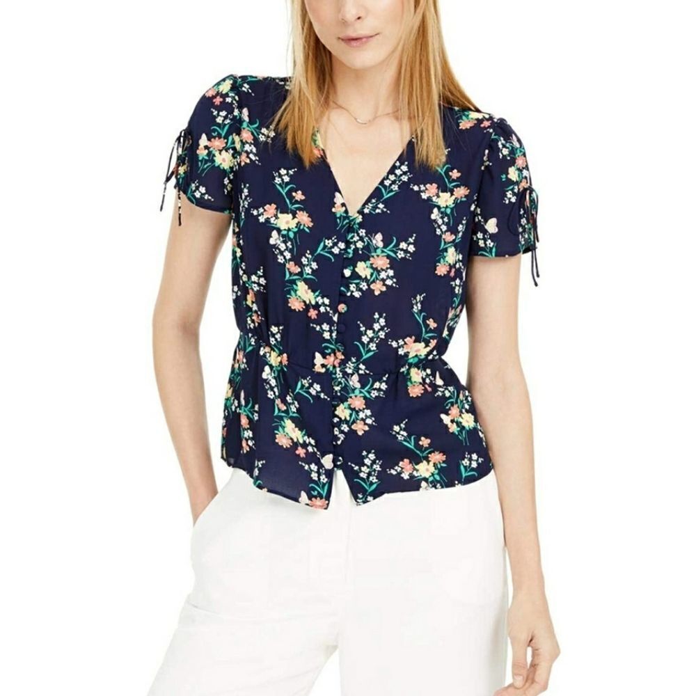 Maison Jules Floral-Print Split-Sleeve Top Size S